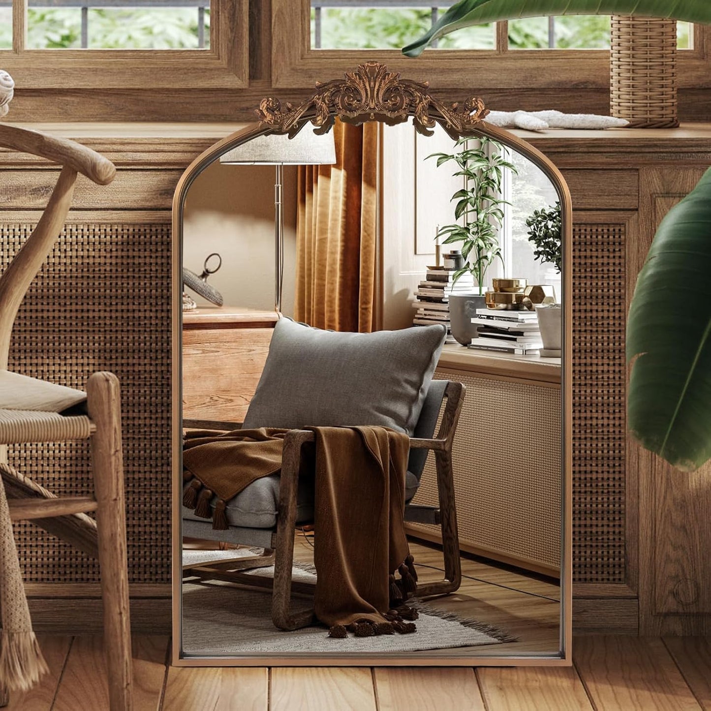 Antique Gold Arched Baroque Mirror 24x36 - Brass Finish Metal Frame, Intricately Carved Vertical Wall Mirror for Entryway, Living Room, Bathroom Vanity & Dining Room