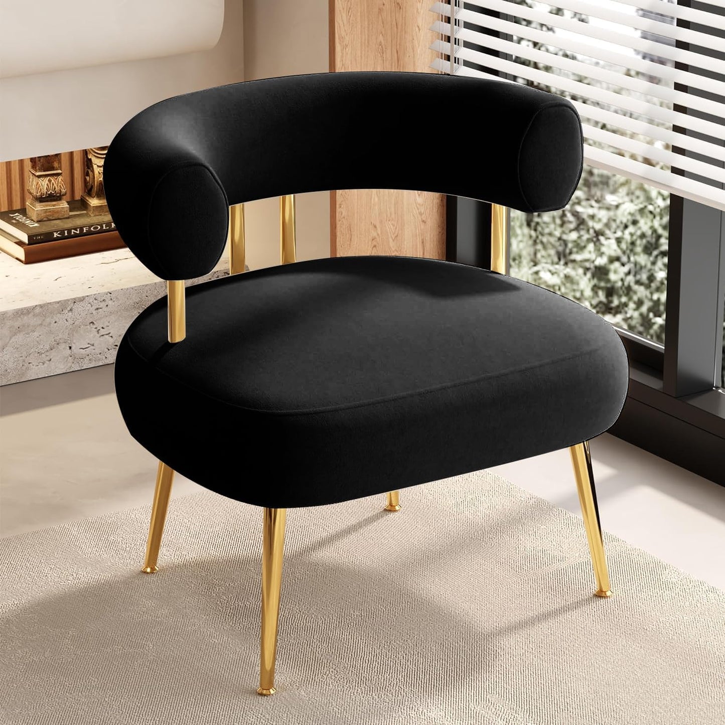 Modern Velvet Accent Chair, Round Upholstered Barrel Armchair for Small Spaces, Fluffy Side Corner Sofa Chair for Living Room, Bedroom, Vanity, Office, Reading Nook(Black)