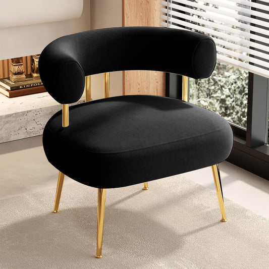 Modern Velvet Accent Chair, Round Upholstered Barrel Armchair for Small Spaces, Fluffy Side Corner Sofa Chair for Living Room, Bedroom, Vanity, Office, Reading Nook(Black)