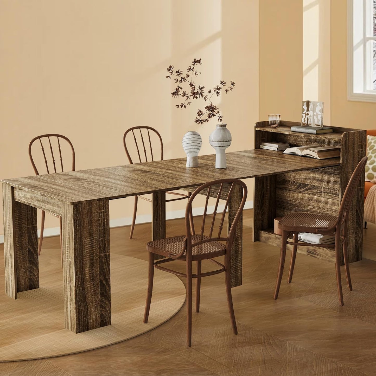 Expandable Dining Table, Convertible Table for Dining Room, Kitchen and Small Spaces, for 2-7 People(with Storage Shelf), Barnwood Brown