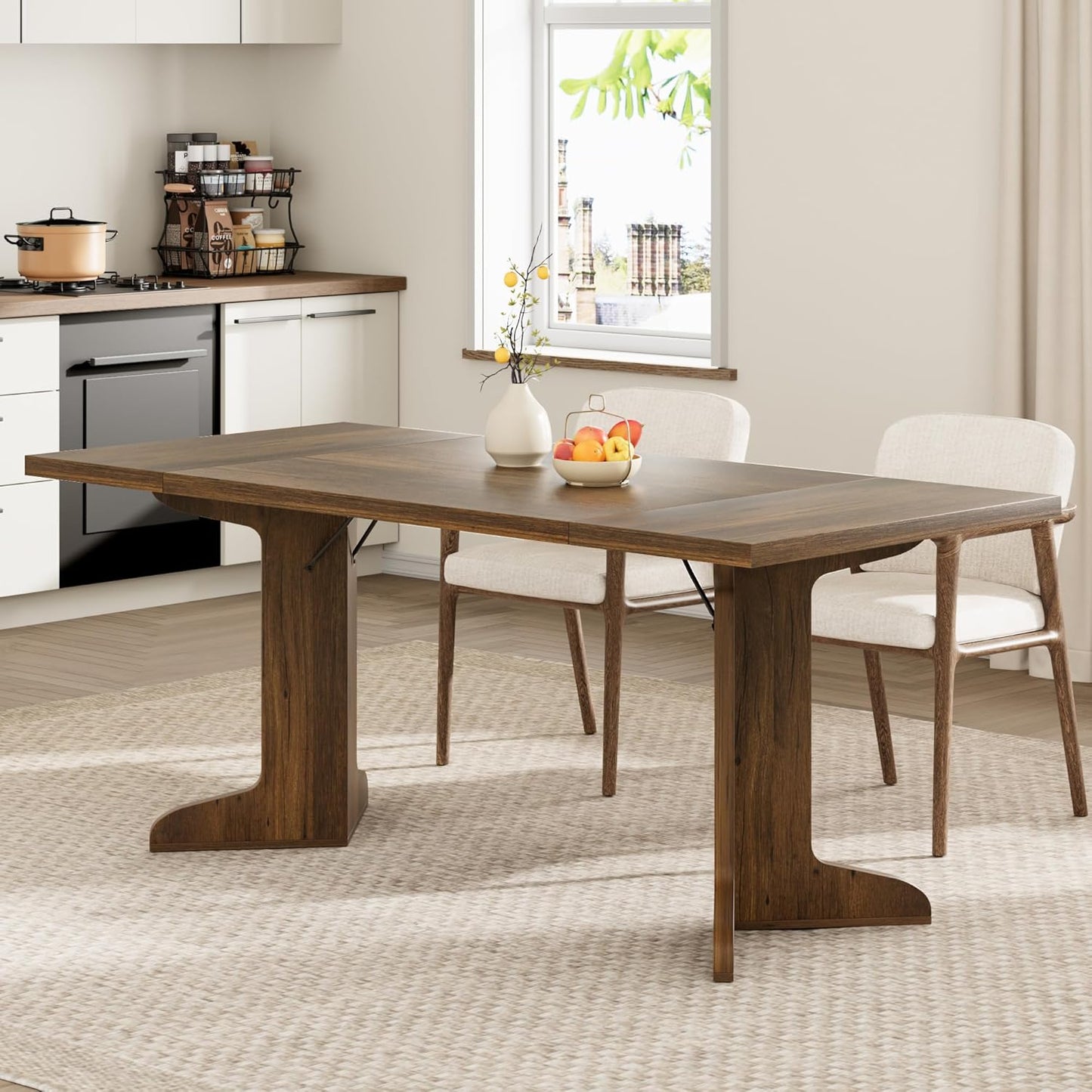 71" Large Dining Table for 6, Farmhouse Kitchen Table with Padded Top and Unique V-Shaped Feet, Rectangular Wooden Dining Table for 8 People for Home, Dining Room, Kitchen, Office, Walnut