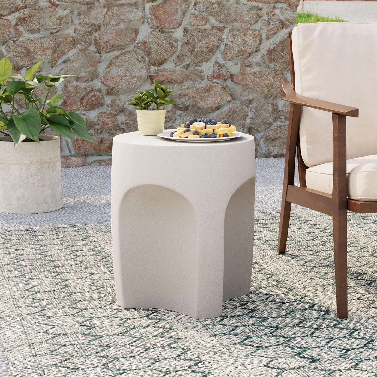 COSIEST Set of 2 Concrete Side Table Drum Shape, 2 Pieces Outdoor Side Table, Patio Accent Cement End Tables, Plant Stand Garden Decorative Stool, Spotted White