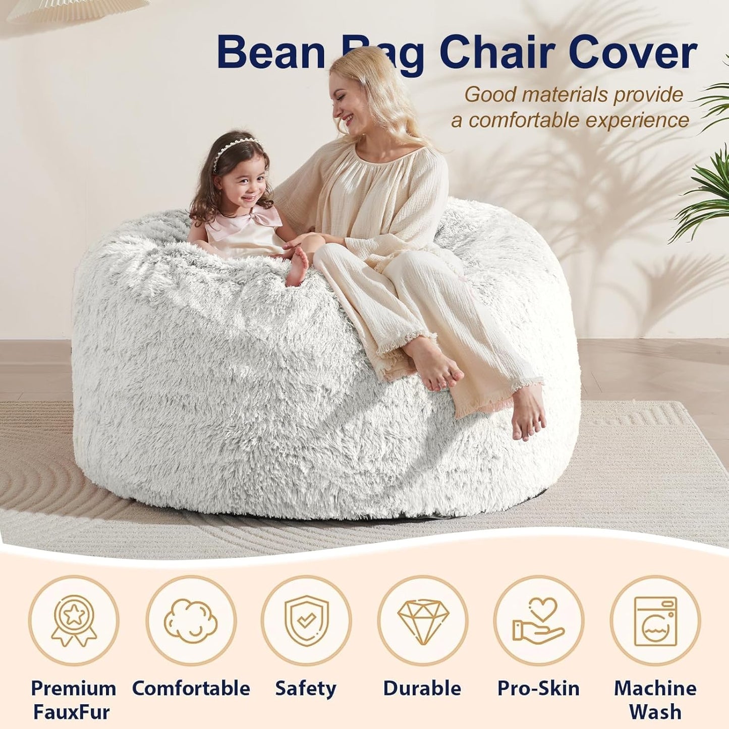 7FT Oversized Bean Bag Covers Only, Fluffy Stuffed Beanbag Chair Covers No Filler, Washable Bean Bags Cover for Adults, Stuffed Animal Bean Bag Anti-Slip, White