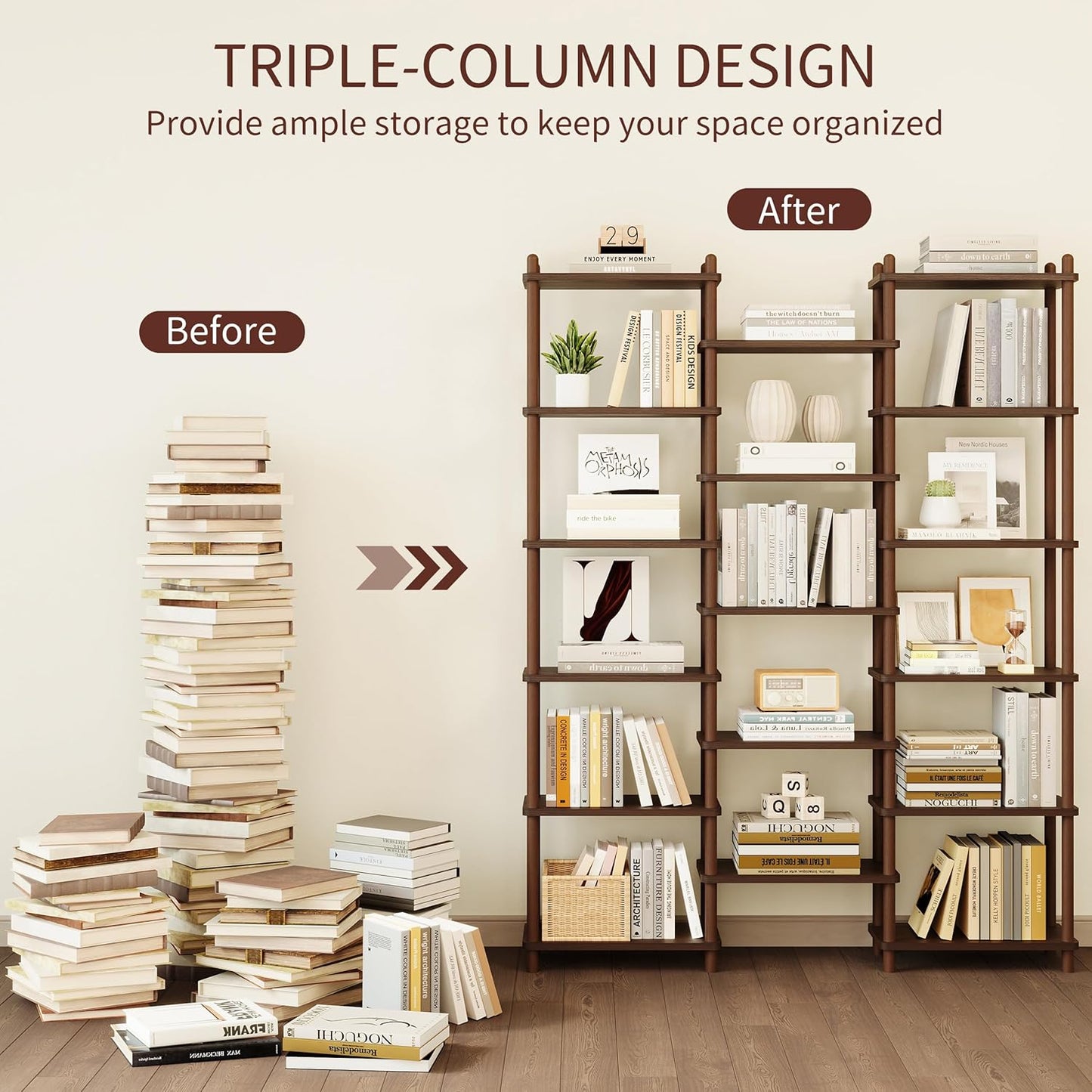 IOTXY Wooden Triple Wide Bookshelf - 6-Tier Large Shelf Bookcase with Solid Beech Frame, Tall Freestanding Open Etagere Display Rack for Home Office, Walnut