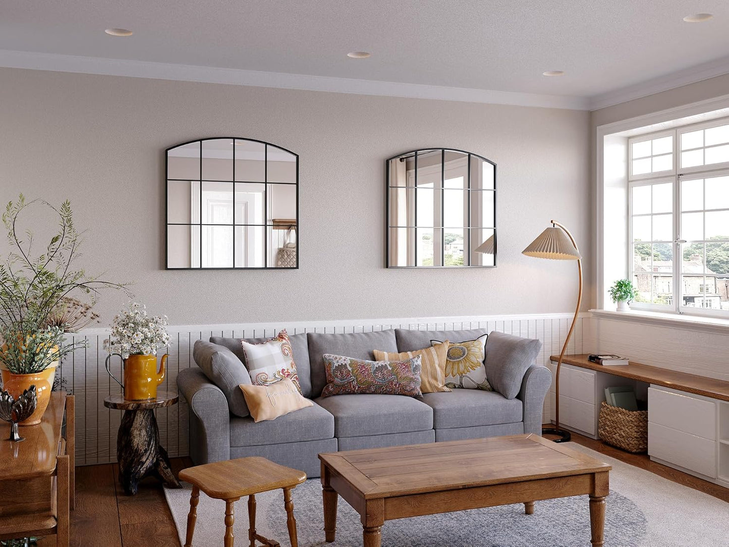 Window Pane Black Mirror, 36" x 36" Farmhouse Arched Wall Mirror, Large Arch Grid Mirror for Living Room Bedroom Farmhouse Fireplace Hallway Entryway