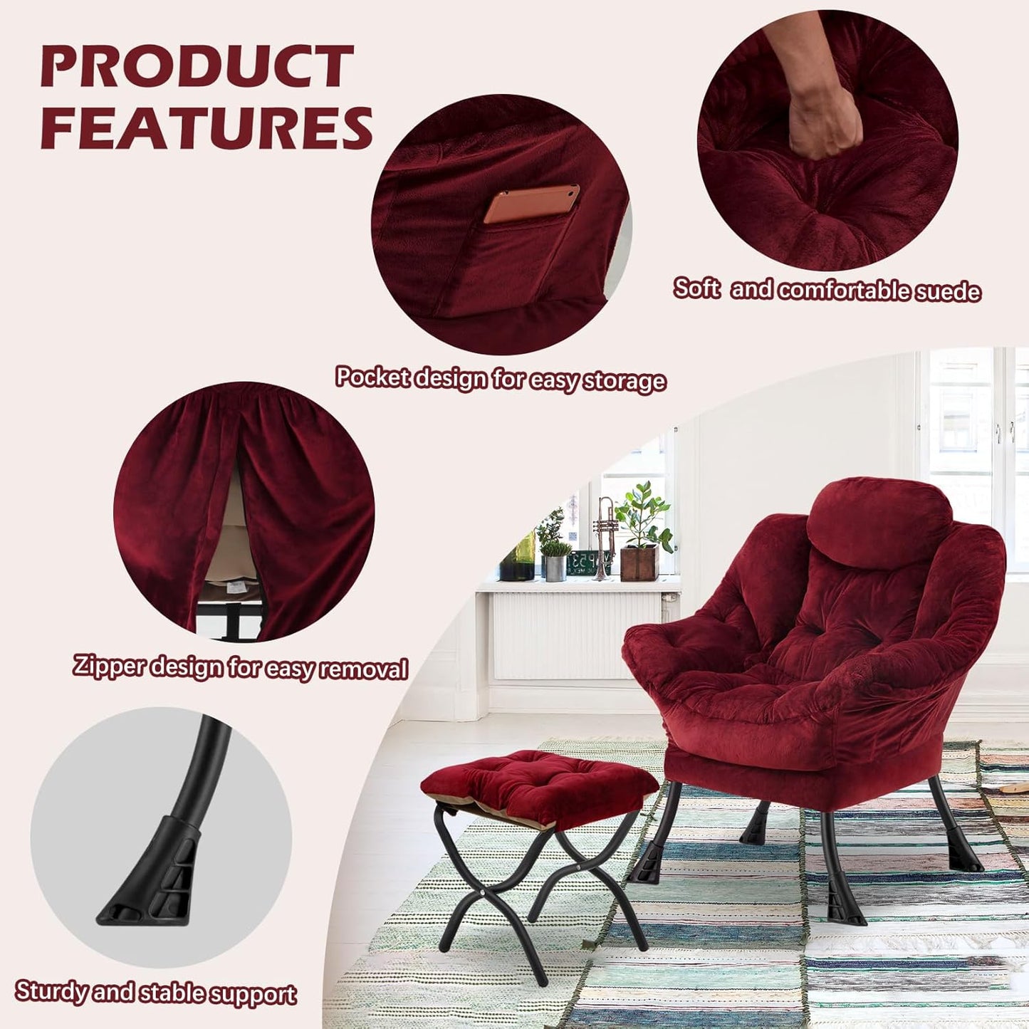 Lazy Chair with Folding Ottoman,Leisure Sofa Chair,Soft Fabric Armchair with Armrests and Side Pockets, Reading Chair with Footrest for Living Room, Bedroom, Office (Plush Red)