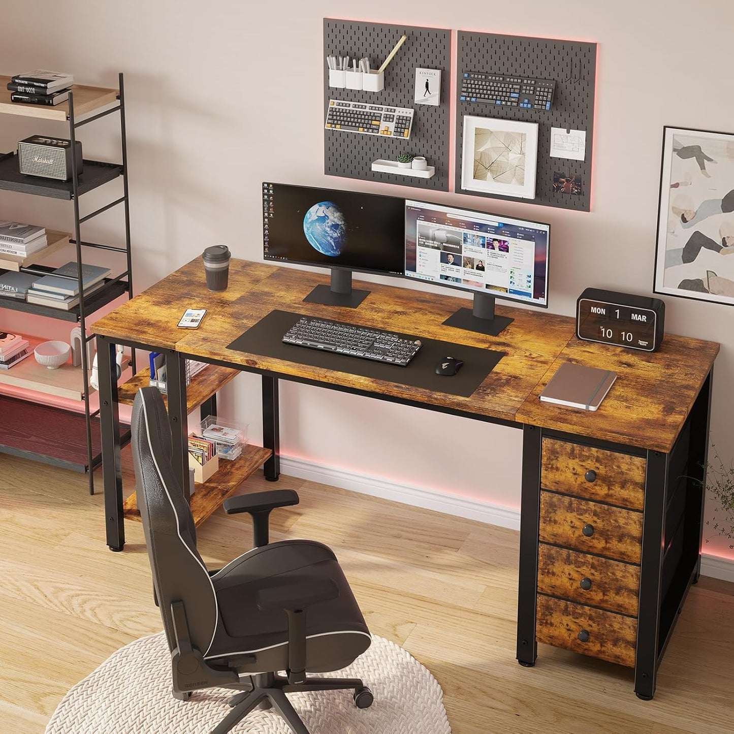 Lufeiya 55 inch Computer Desk with 4 Fabric Drawers & Storage Shelves, Writing Work Study Desk for Home Office Bedroom, Modern Simple Student PC Desks Table, Rustic Brown