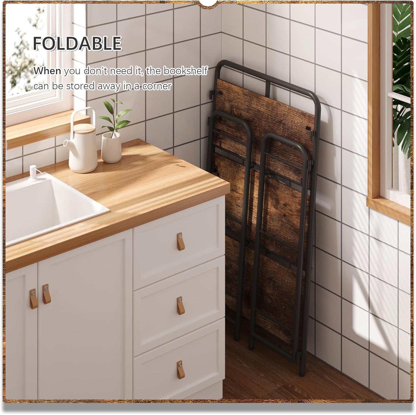 4NM No Assembly Folding Bookshelf 3 Tiers Vintage Industrial Black Book Shelf Metal Foldable Storage Bookcase and Bookshelves for Living Room,Bedroom and Kitchen - Rustic Brown