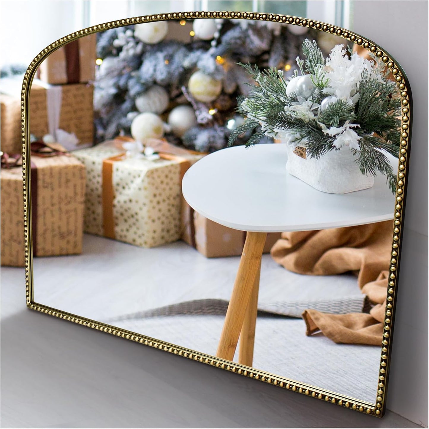 36"X28" Arched Wall Mirror for Fireplace Mantel, Vintage Gold Metal Beaded Accent Mirror, Distortion-Free Glass for Living Room, Entryway, Bathroom, Bedroom Decor