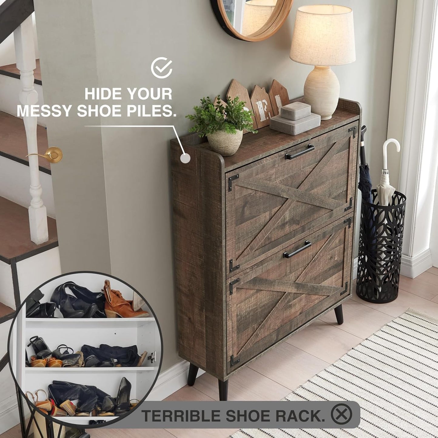 Shoe Storage Cabinet,Farmhouse Shoe Organizer with 2 Flip Drawers & Barn Door Design,Freestanding Hidden Slim Narrow Shoe Rack Cabinet for Entryway,Foyer,Hallway,Rustic Brown