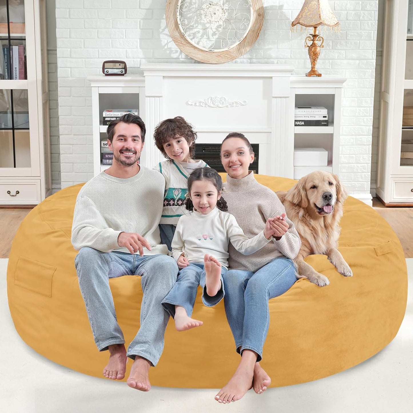 7FT Bean Bag Chair, Large Bean Bag Chairs with Memory Foam Filled, Fluffy Beanbag Sofa with Dutch Velvet Cover, Round BeanBag Chairs for Living Room, Playroom - Mustard