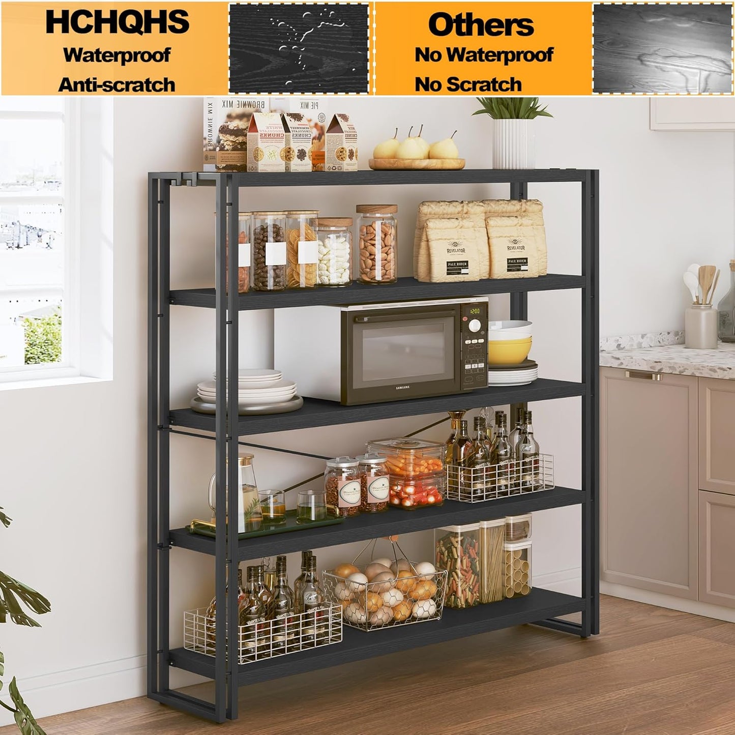 HCHQHS Bookshelf, 5-Tier Industrial Bookcase, Black Open Book Shelf, Freestanding Tall Bookshelves with Metal Frame