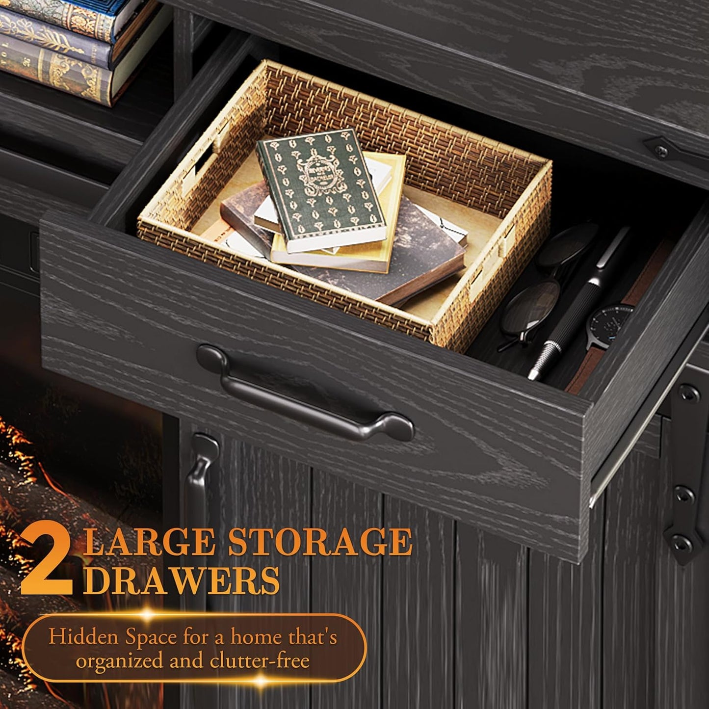 59'' Fireplace TV Stand with 3D Flame Electric Fireplace Heater, 34'' Tall Farmhouse TV Stand for 65 Inch TV, Entertainment Center TV Console with 2 Drawers, Sliding Barn Door for Living Room - Black