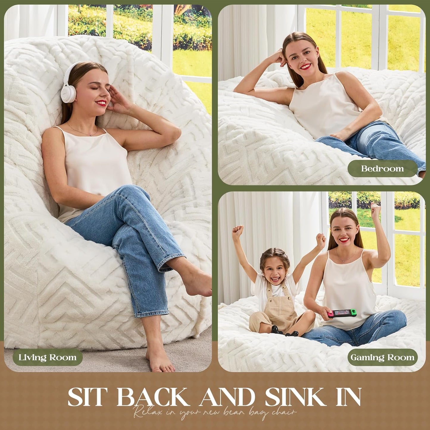 Hobestluk Bean Bag Chairs Adults Beanbag Chair with Filler Large Bean Bags with Fluffy Embossed Cover, Giant Bean Bag Chairs for Adults (White, 3FT - 36” x 36” x 22”)