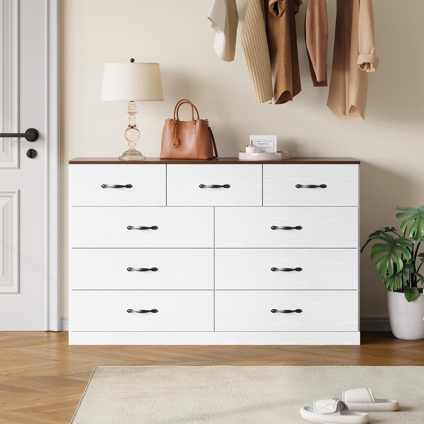 LINSY HOME 9 Drawer Dresser for Bedroom, 54" Wide Chest of Drawers, Modern TV Stand Dressers with Wood Frame and Metal Handles, Large Drawer Organizer for Bedroom, Living Room, White