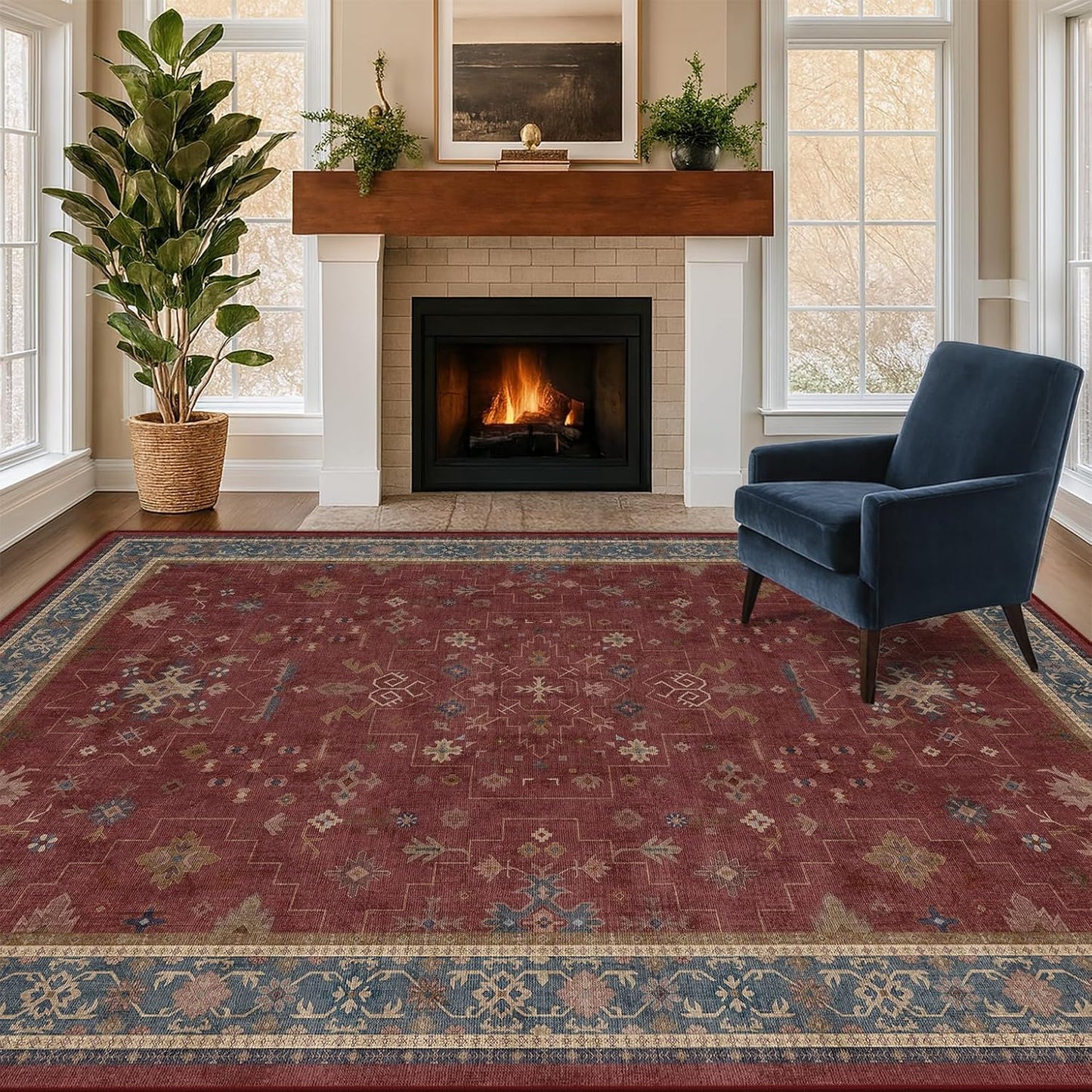 6x9 Dining Room Rugs for Under Table - Vintage Burgundy Boho Living Room Rug, Lightweight Washable Foldable Low Pile Carpet,Southwestern Bed Room Décor Aesthetic