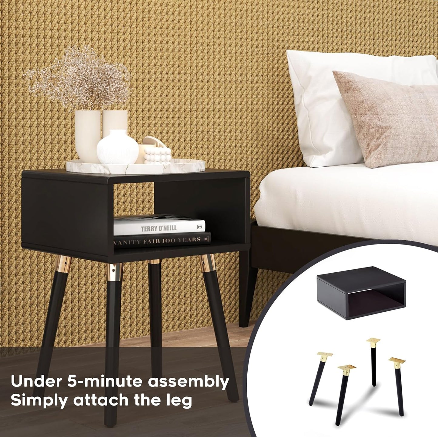 Bme Dinkee Solid Wood Nightstand, Fully Assembled, Without Drawer for Mid Century Bedroom and Living Room, Black