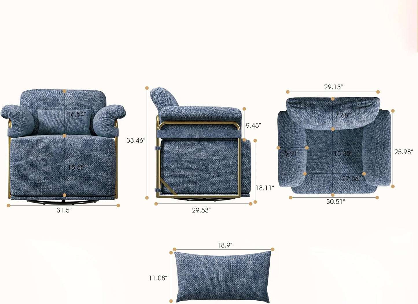 KEIKI Modern Comfy Swivel Accent Reading Chair with Waist Pillows, 360°Square Upholstered Barrel Armchair Single Club Lounge Sofa Chairs for Living Room,Bedroom,Office,Blue