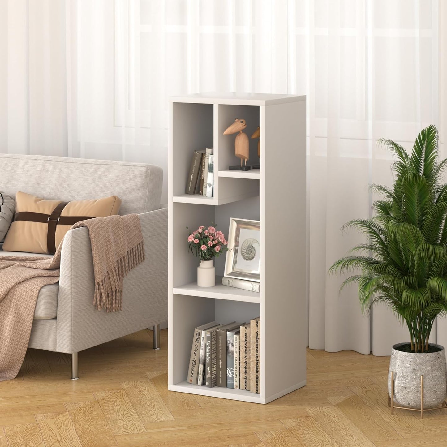 VECELO Small White Bookshelf, 4 Cube Slim Bookcase, Fits Tallest Hardcovers, Horizontal Available, Modern Floor Standing Unit, Each Shelf Hold Up to 66 LBS, Pearl White