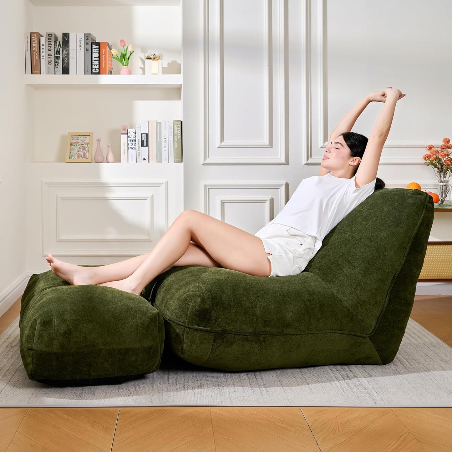 Bean Bag Chair with Ottoman, Comfy Bean Bag Sofa with Memory Foam, Lazy BeanBag Sofa with Footstool, Fireside Bean Bag Couch for Living Room, Bedroom, Apartment (Green)