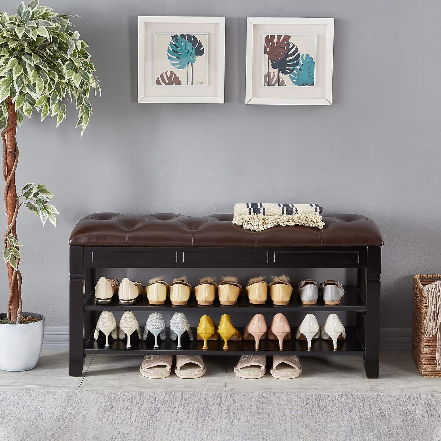 Shoe Storage Bench, Entryway Shoe Rack with Fiberleather Seat 2-Tier Lift Top Organizer Wooden Shoe Bench for Entryway Hallway Living Room (Black 39.4x13.8x18.9'')