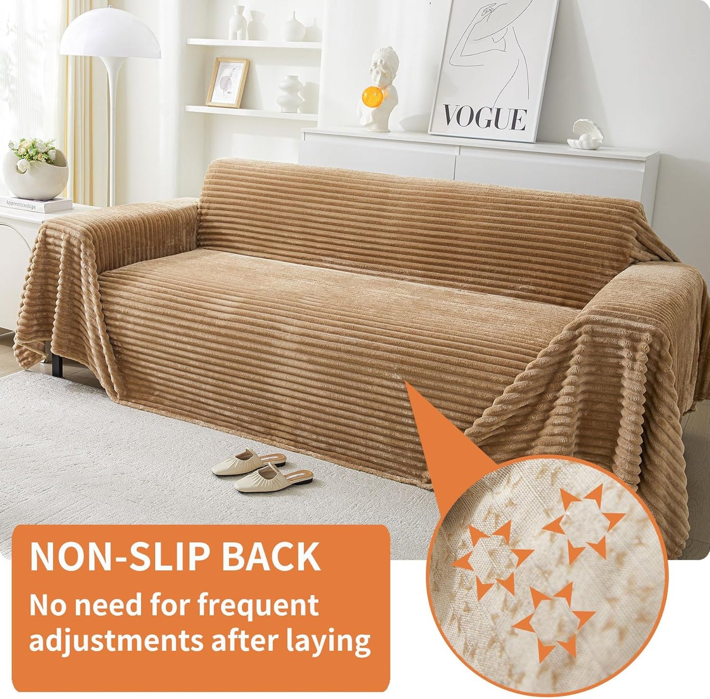 HAOMAIJIA Faux Fur Sofa Covers Couch Covers for 3 Cushion Couch Sofa Pet Friendly Soft Non Slip Couch Cover for Dogs Washable Sectional Couch Covers L Shape Furniture Protector (Khaki, 91"x134")