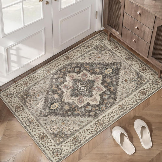 Tangsoo 2x3 Washable Rugs for Entryway, Vintage Non Slip Small Area Rug, Indoor Front Door Rug, Door Mat Small Carpet, Soft Low Pile Entry Rug for Entrance Kitchen Bedroom Print Distressed Grey/Brown