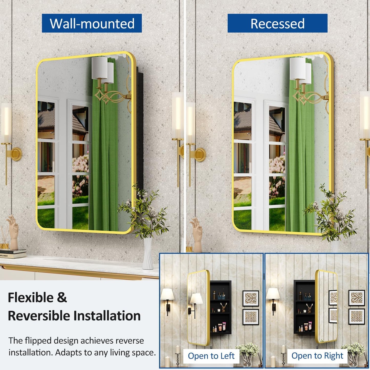 20x28 Inch Gold Recessed Medicine Cabinet with Mirror Metal Framed Surface Wall Mounted Bathroom Medicine Cabinet Mirror with Storage