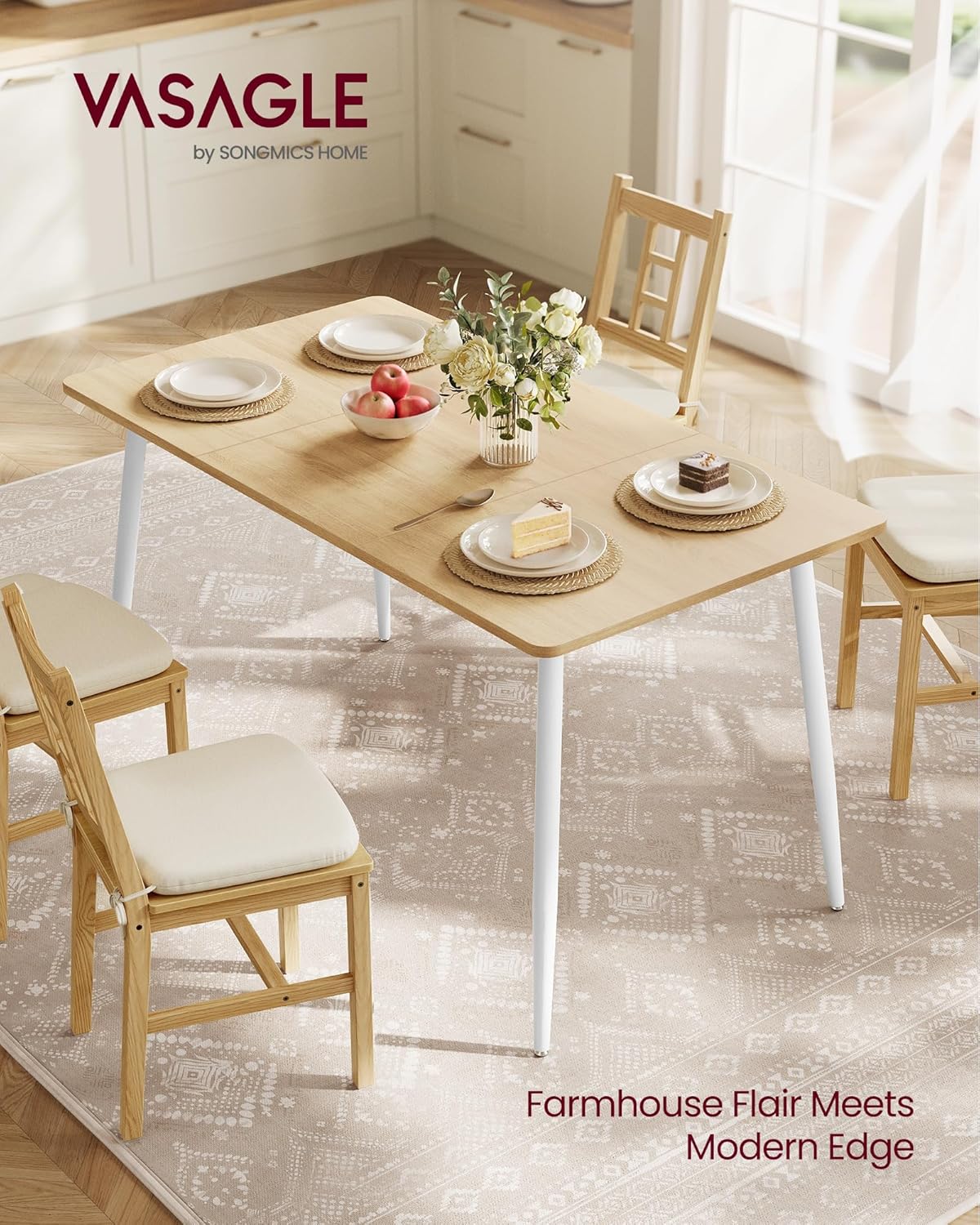 VASAGLE Dining Table, Dining Room Table for 4-6 People, Modern Farmhouse, for Kitchen, Quick Assembly, Heat-Resistant Surface, 29.5 x 55.1 x 29.5 Inches, Golden Oak and Cloud White UKDT100N01V2