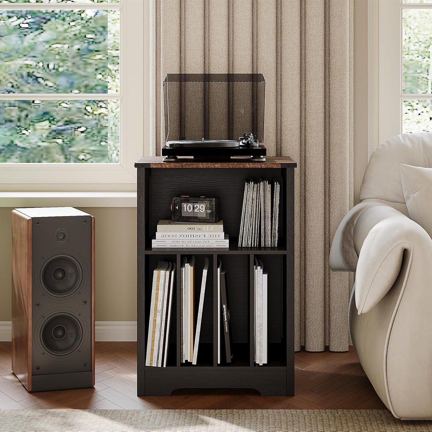 ChooChoo Record Player Stand, Vinyl Record Storage Cabinet, Turntable Stand Holds up to 160 Albums, Record Player Table Display Shelf for Living Room, Bedroom, Office, Vintage Black