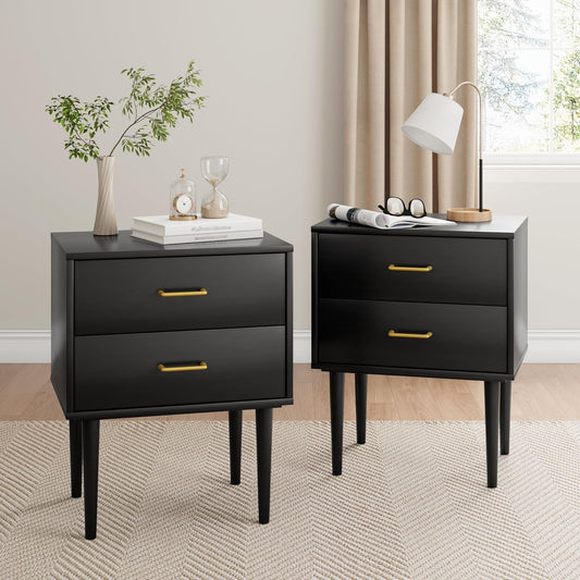 Black Nightstand with 2 Drawers,Tall Modern Night Stand Black, Wooden Night Stands for Bedroom, Bed Side Table, End Table, Gold Handle