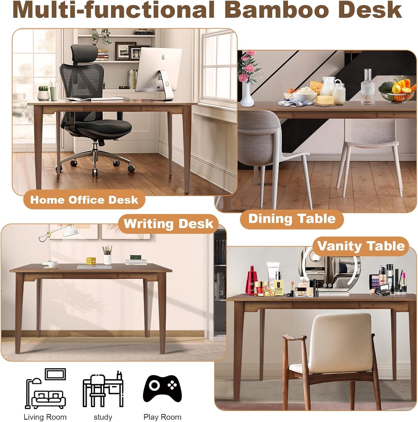 47" Bamboo Computer Desk Study Desk Home Office Desk Writing Table with Drawer, Modern Study Solid Bamboo Multipurpose Table, for Living Room, Bedroom, Walnut Color