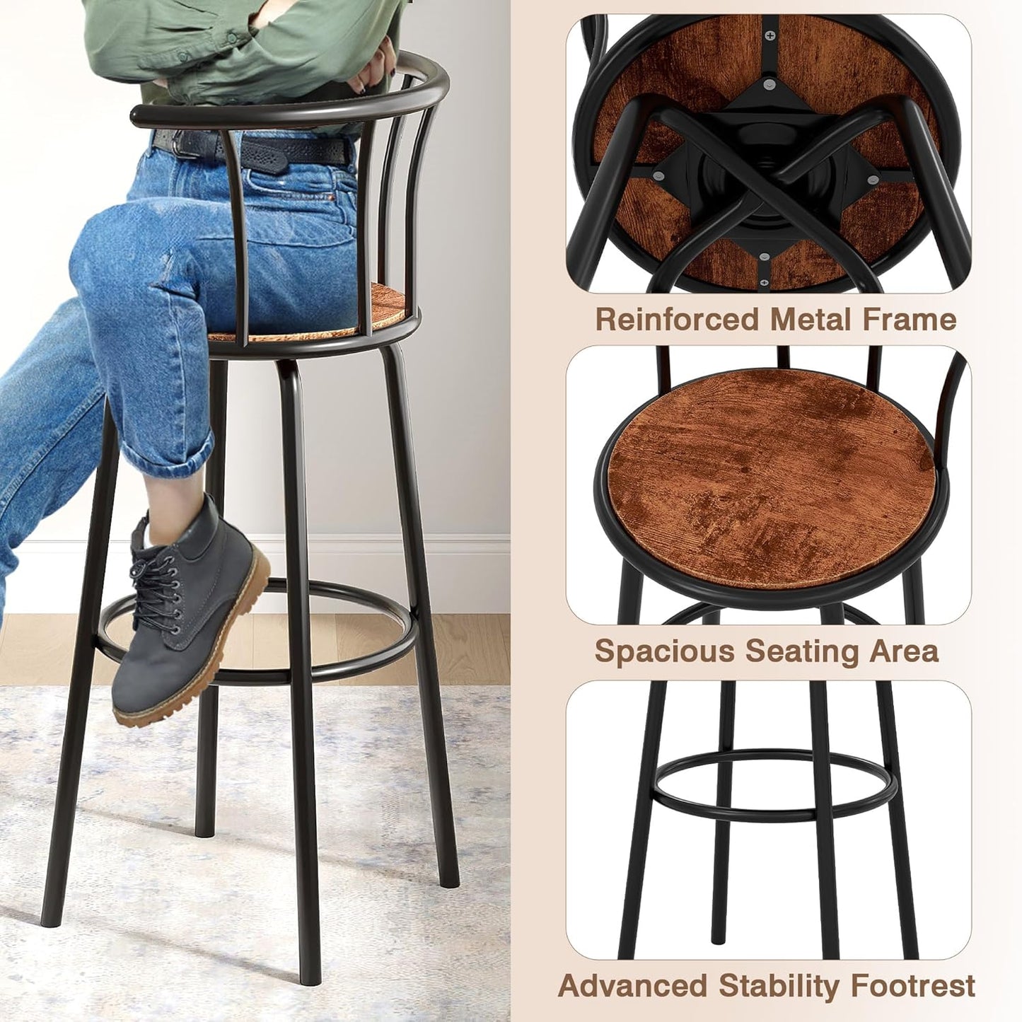 VECELO Bar Stools Set of 4, Swivel Counter Barstools with Backrest, Bar Height Chairs for Dining Room, Kitchen Island, Pub, Easy Assembly, Brown