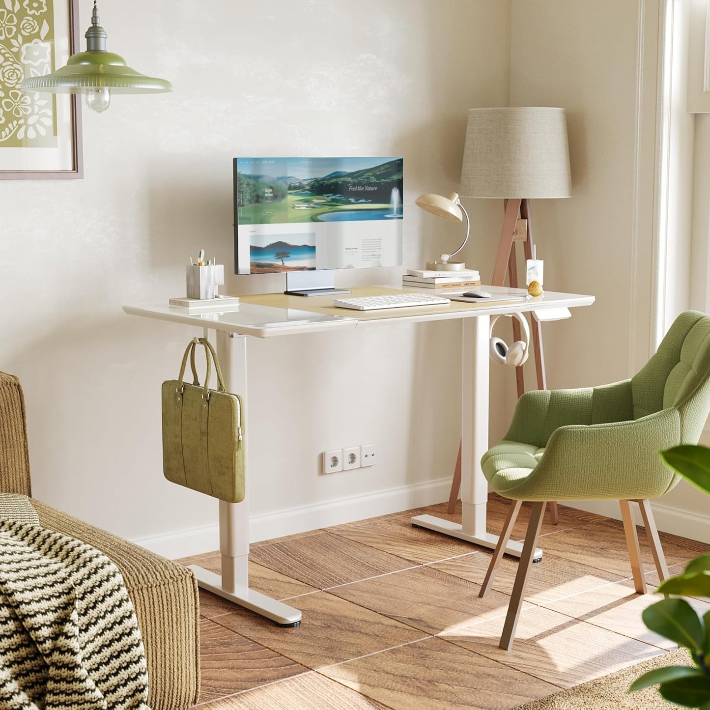 INNOVAR Glass Standing Desk, 48 x 24 Inches Height-Adjustable Desk, Tempered Glass and Wooden Top, Quick Install Home Office Stand Up Desk with 4 Presets, White Glass and Natural Wood