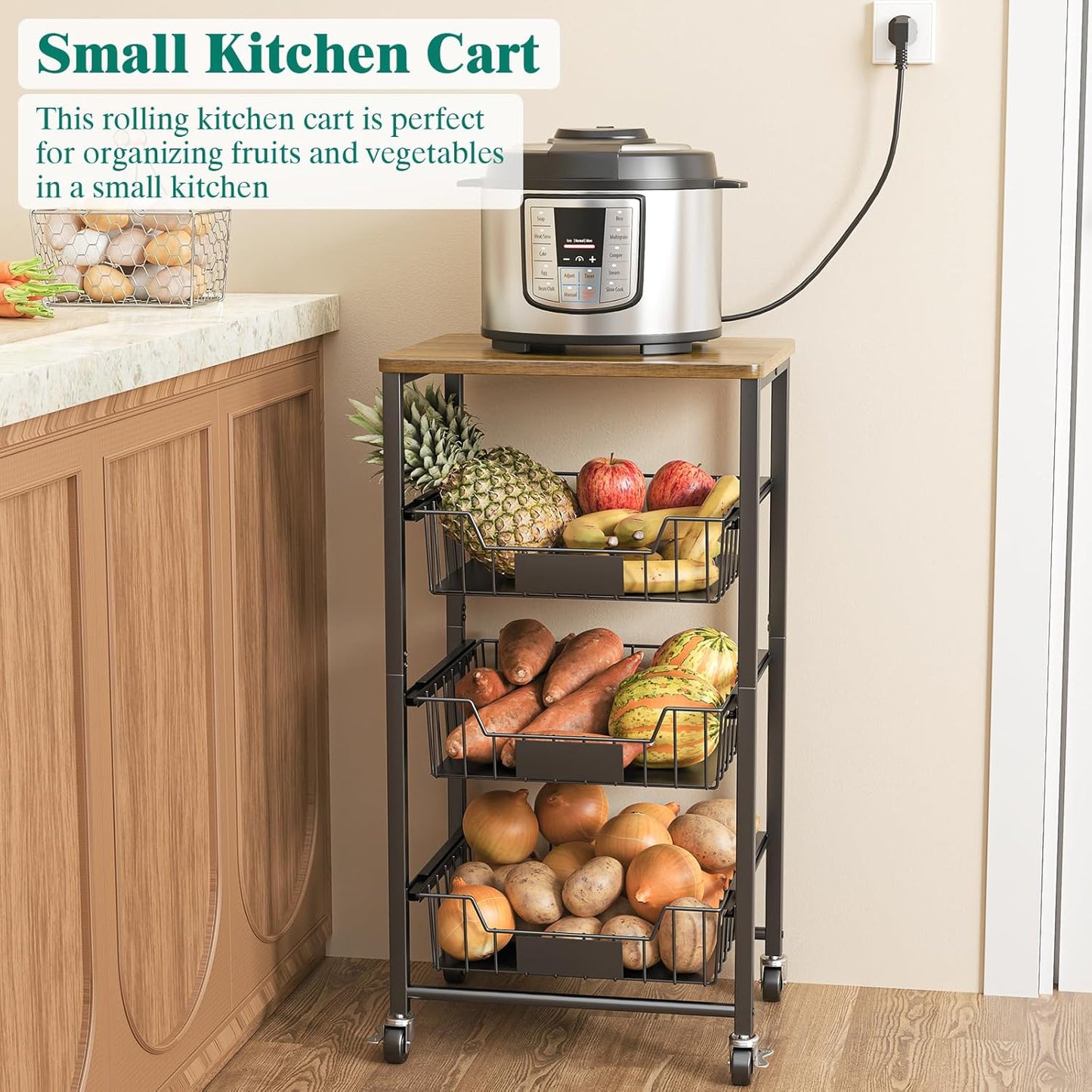 Kitchen Storage Cart with Wheels, 4-Tier Metal Utility Rolling Cart Fruit Vegetable Storage Basket Pantry Rack with Wood Top & Pull Out Baskets for Kitchen, Livingroom, Diningroom, Office