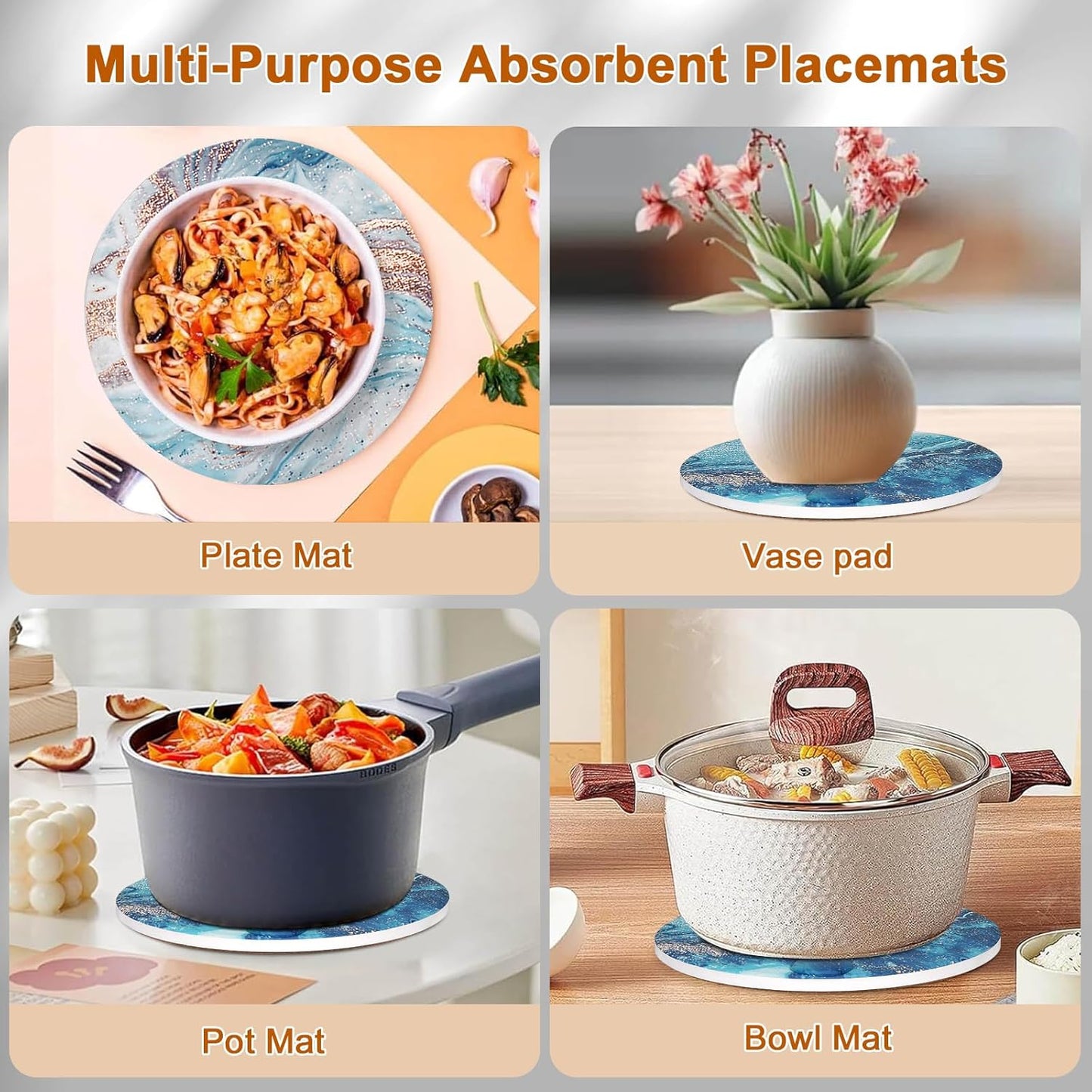 3-Pcs 7'' Ceramic Marble Style Trivet with Holder, Absorbent Trivets for Hot Dishes, Cork Bottom Anti-Slip Trivet Mats for Hot Pots and Pans