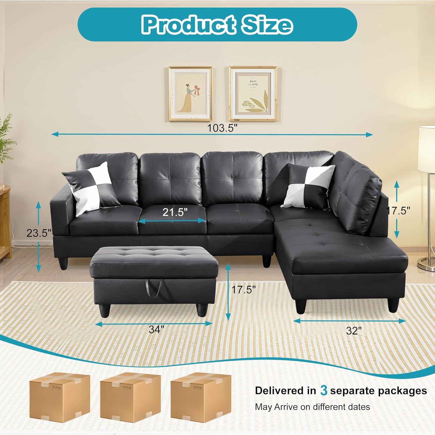 Couches for Living Room Faux Leather L Shaped Couch Comfy 3 Pieces Sectional Sofa with Chaise, Ottoman with Storage for Office and Small Apartment, Black