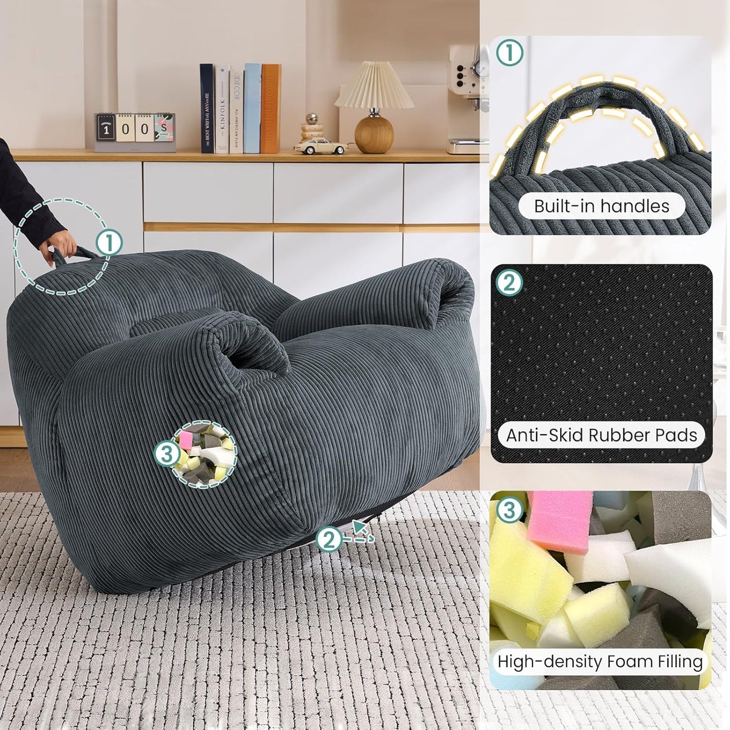 DAICO Bean Bag Chairs for Adults Beanbag Sofa with Ottoman Comfy Accent Chair with Armrests Corduroy Couch with Foam Single Lazy Sofas for Living Room Reading Bedroom Gaming Office Dark Gray