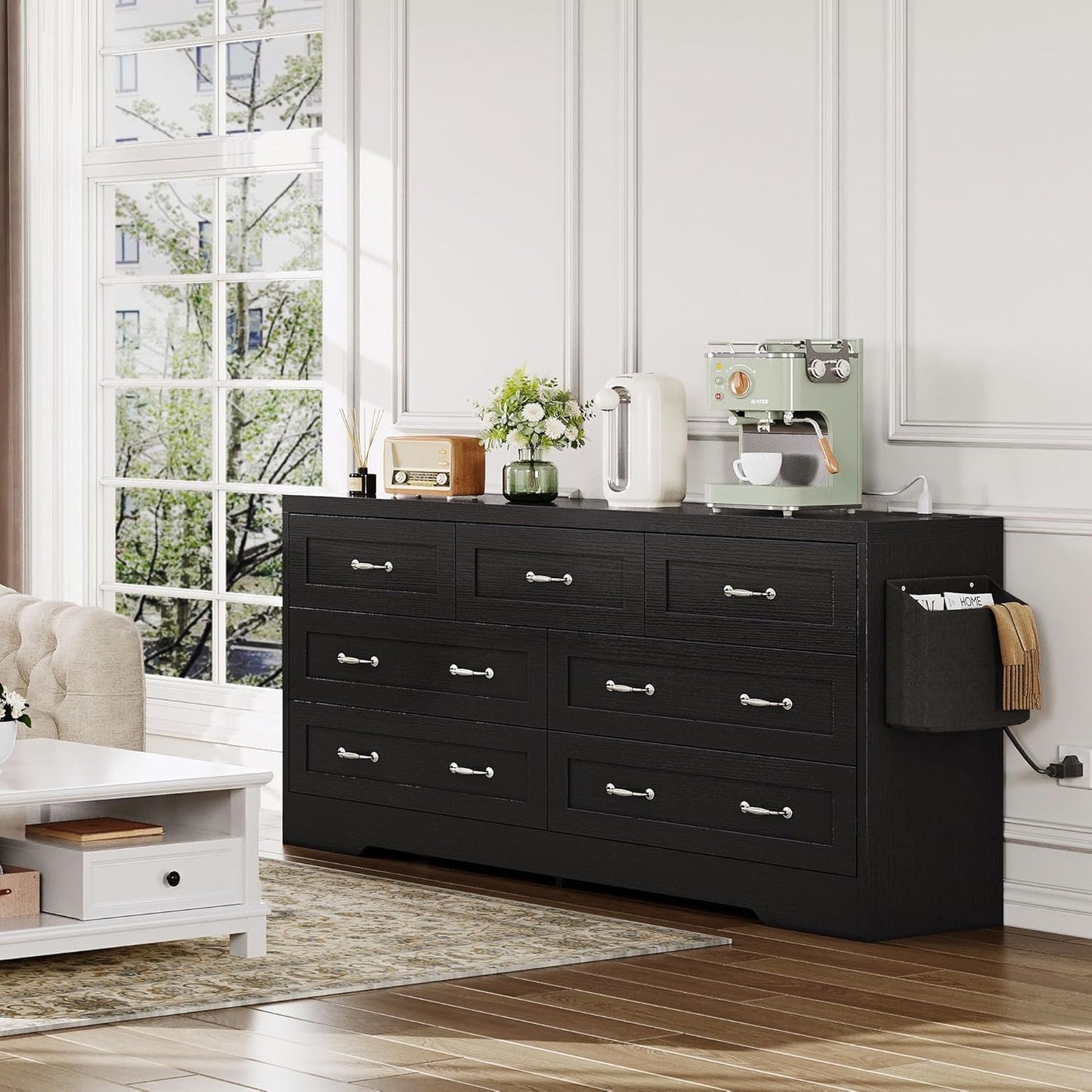 YITAHOME Drawers TV Stand for 65 inches with Power Outlets -Chest of Drawers Dresser with Side Organizer Bag Entertainment Center TV Console, Black