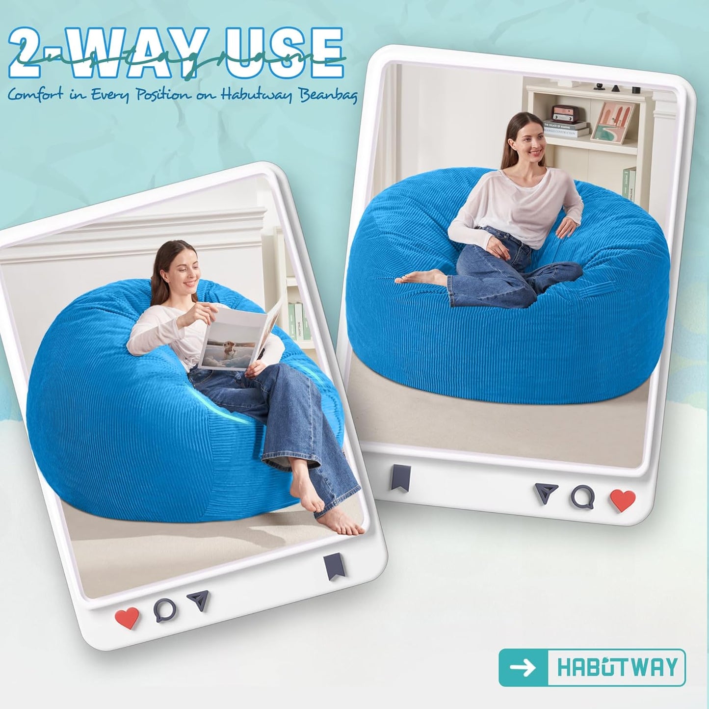 HABUTWAY 3FT Bean Bag Chair,Giant Bean Bag Chairs for Adults,Big Bean Bags with Memory Foam Filled, Large Beanbag Chairs with Soft Corduroy Cover-Blue