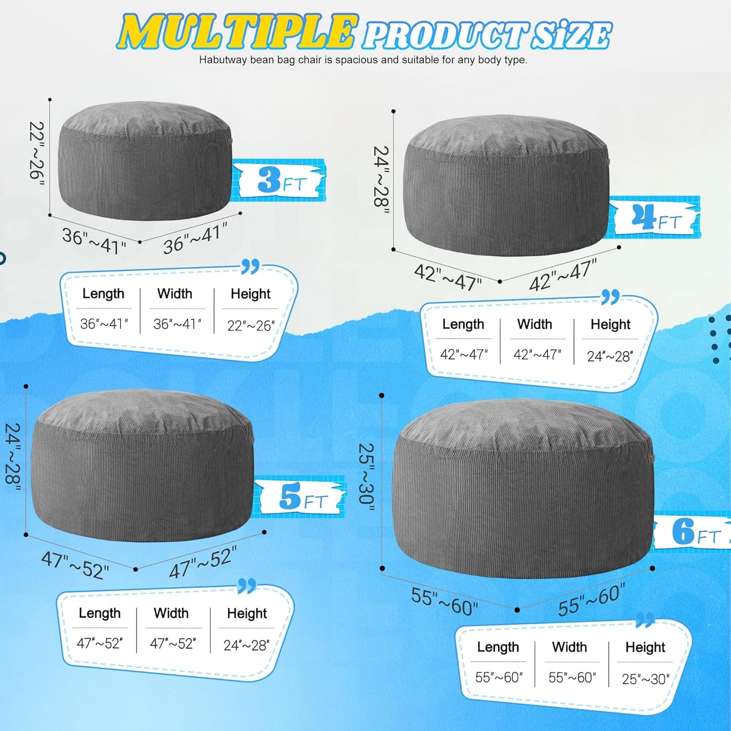 HABUTWAY 4FT Bean Bag Chair,Giant Bean Bag Chairs for Adults,Big Bean Bags with Memory Foam Filled, Large Beanbag Chairs with Soft Corduroy Cover-Grey