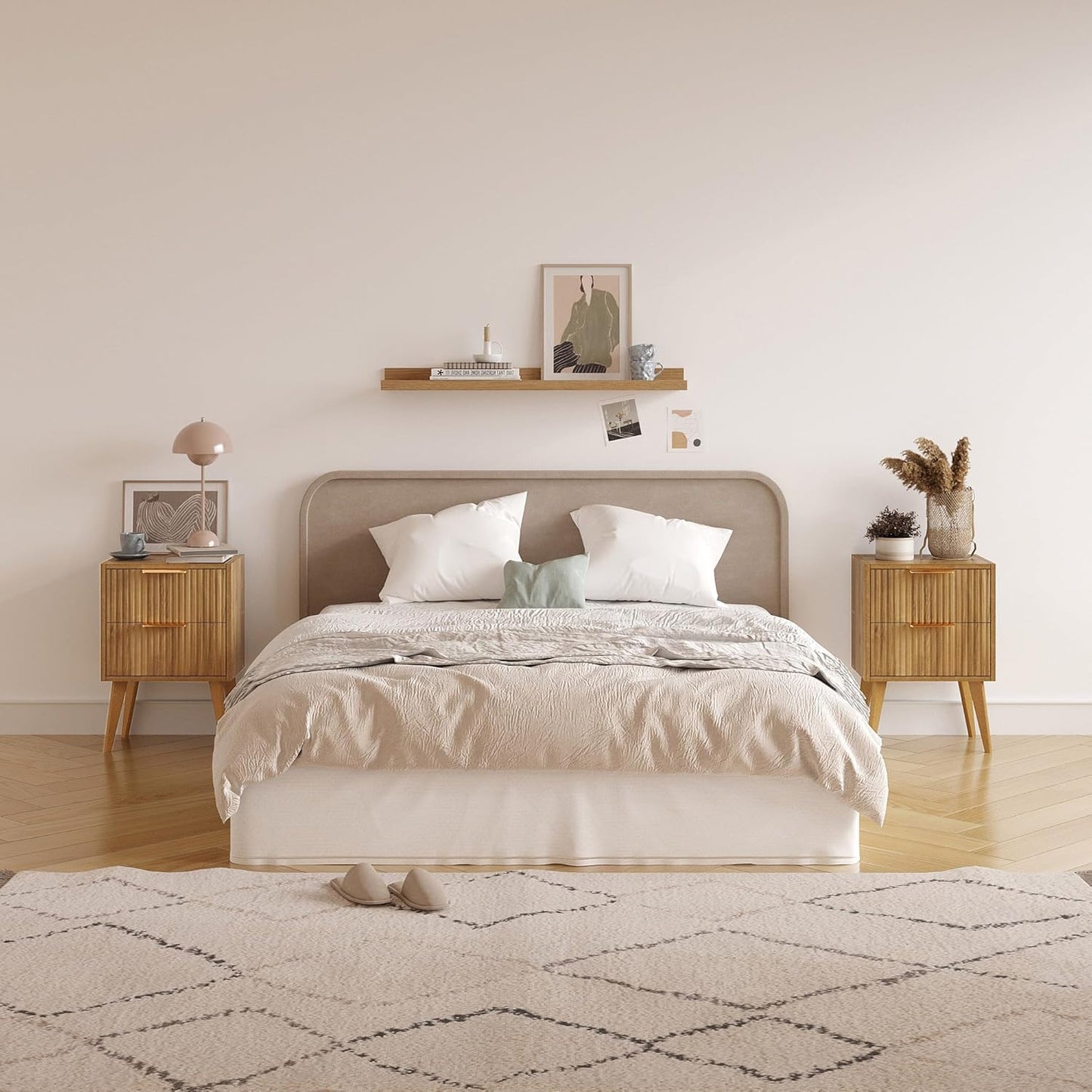 Fluted Nightstand with 2 Drawers,Modern Bedside Table with Metal Handles,White Side Table with Solid Wood Legs,Mid Century End Table for Living Room,Bedroom,Caramel Oak CTG55BR