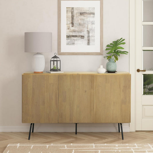 NTC Veil Modern Sideboard with 3 Doors, Buffet Cabinet with Vertical Groove Design and Metal Legs, Storage Cabinet for Living Room, and Hallway, Effortless Assembly, Sand