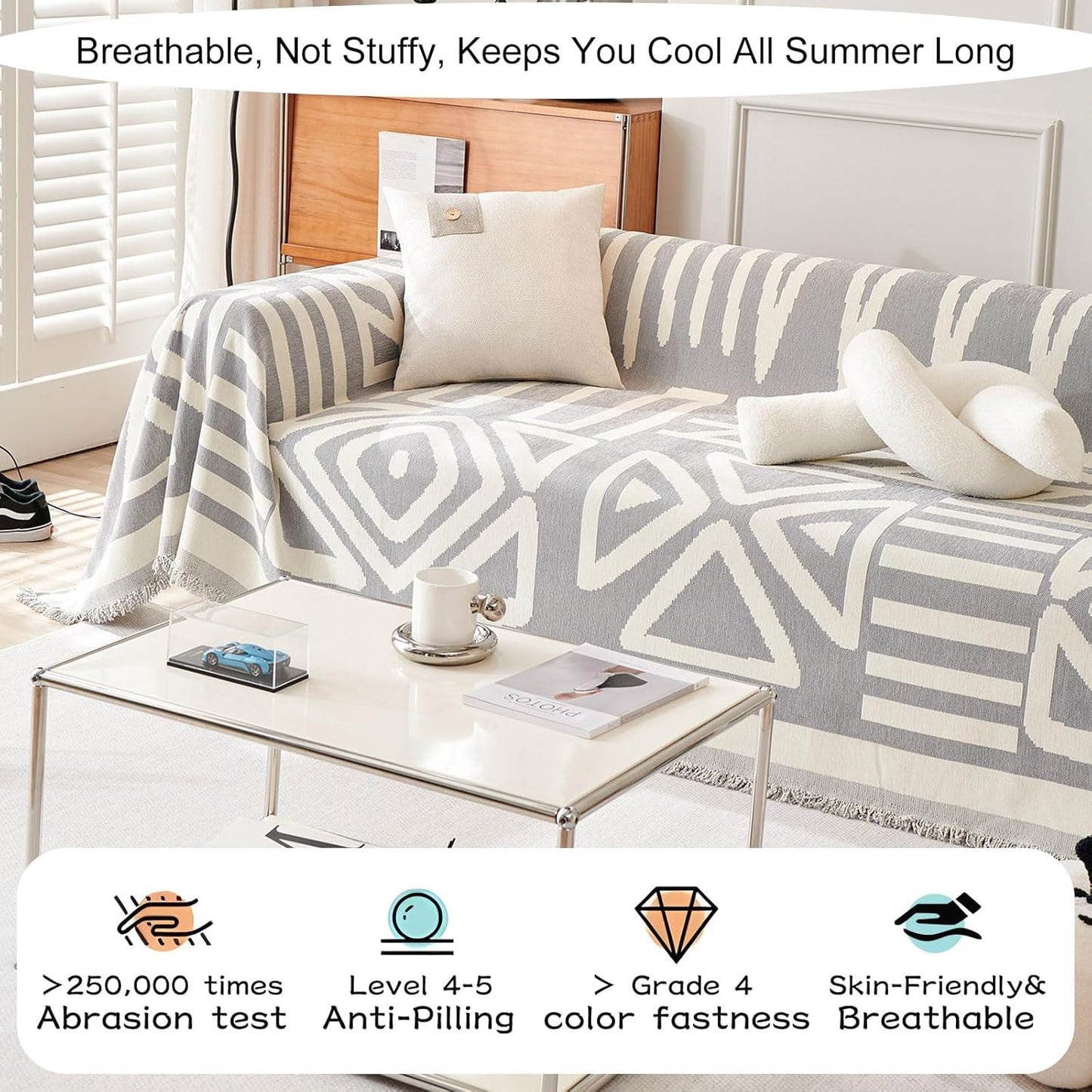 STACYPIK Boho Geometric Sofa Cover Chenille Gray White Cream Triangle Couch Cover for Dog Anti Slip Couch Protector for 3 Cushion Couch Reversible Furniture Covers L Shape Cover for Sectional-91X134IN