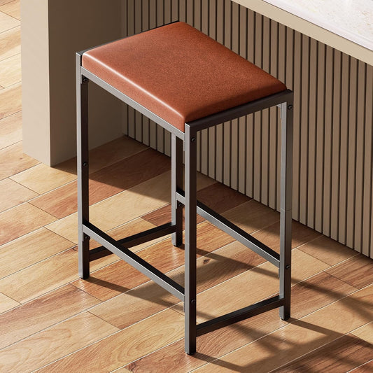 Bar Stools, Bar Chairs, Counter Height Bar Stools, Kitchen Counter Stools with Footrests, Synthetic Leather Mid-Century Modern, 25-Inch Tall, for Kitchen, Dining Room, Counter, Bar, Cafe