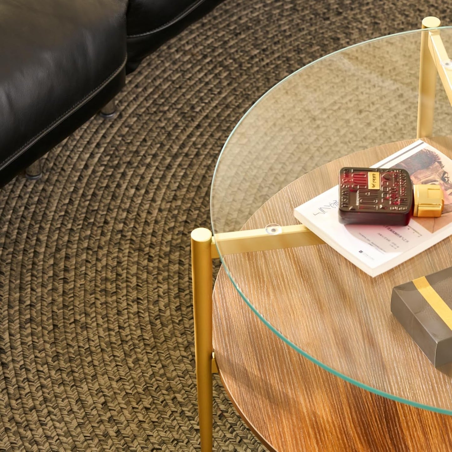 Saint Mossi BLEVIO Glass Round Coffee Table, Middle-Century Modern Style, Perfect for Living Room, Clear Glass Top & Walnut Brown MDF Wood Top, with Gold Finish Legs & Frame