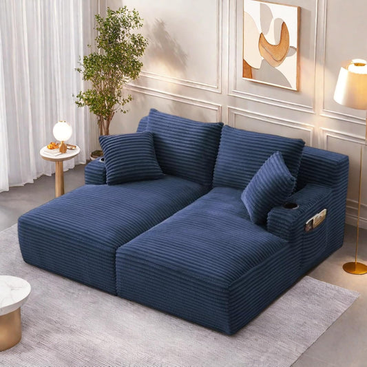 Oversized Sectional Double Chaise Lounge, Compressed Boneless Lounge Chaise with Cupholders, Boneless Sofa with Deep Seat, Fluffy Modern Sleeper Loveseat for Indoor Living Room, Blue