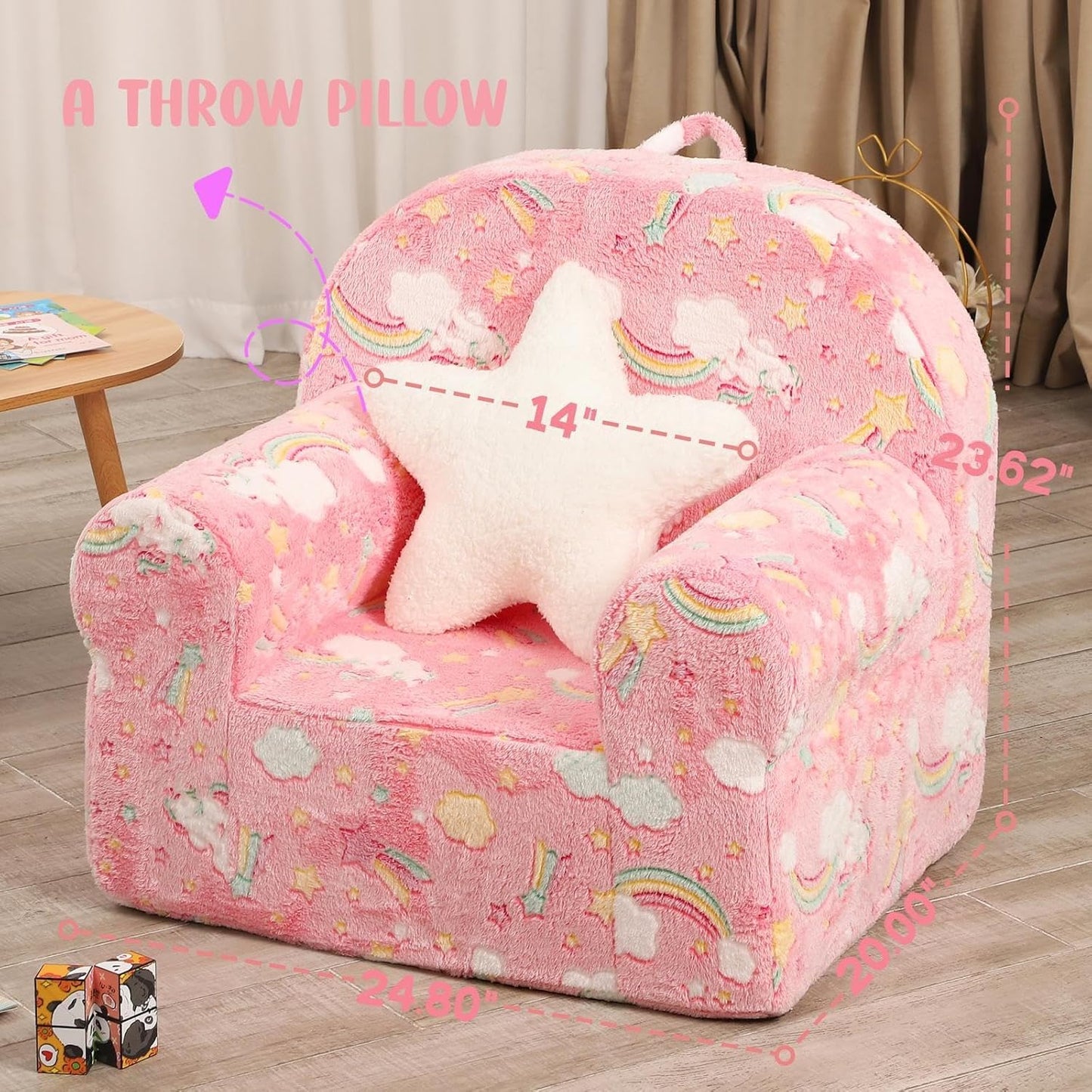 Rainbow Unicorn Kids Sofa with Star Throw Pillow, High Back Toddler Chair Glow in The Dark for Boys and Girls, Pink