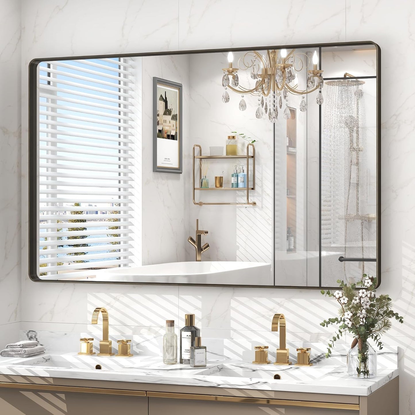 48x30 Bronze Framed Bathroom Mirror, Rectangle Brushed Bronze Metal Vanity Mirror, Bronze Modern Mirror for Wall, Tempered Glass, Anti-Rust, Shatterproof (Horizontal/Vertical)