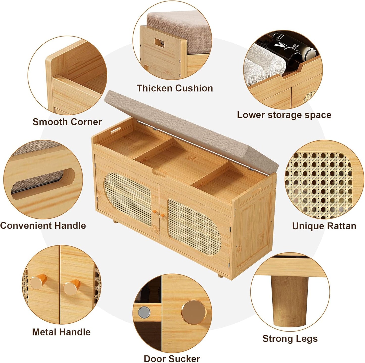 Rattan Shoe Storage Bench,Bamboo Entryway Bench, 2-Tier Shoe Rack,35.4" W x 12.6" D x 19.7" H with 2 Doors & Padded Seat Cushion for Entryway, Living Room, Bedroom, Natural